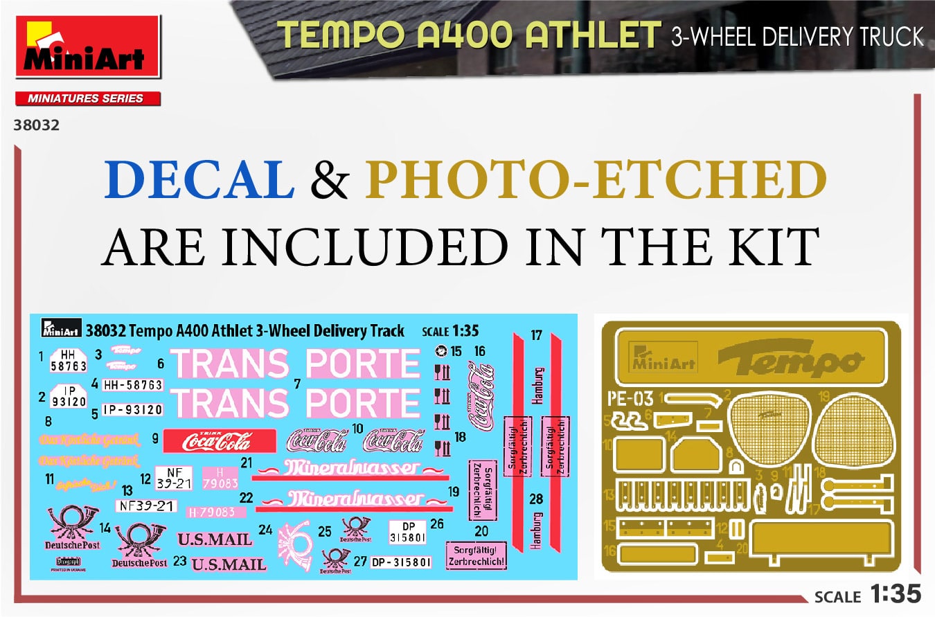 MiniArt 135 scale Tempo A400 Athelet 3-wheel truck Decal Photo Etched