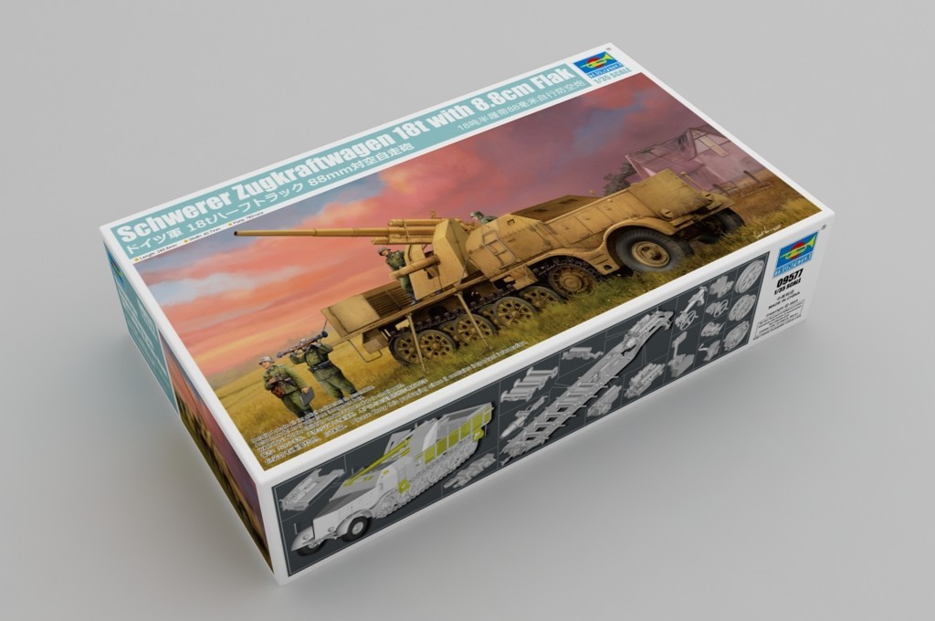 09577 Trumpeter Schwerer Zugkraftwagen 18t with 8.8cm Flak (1/35) Box Art
