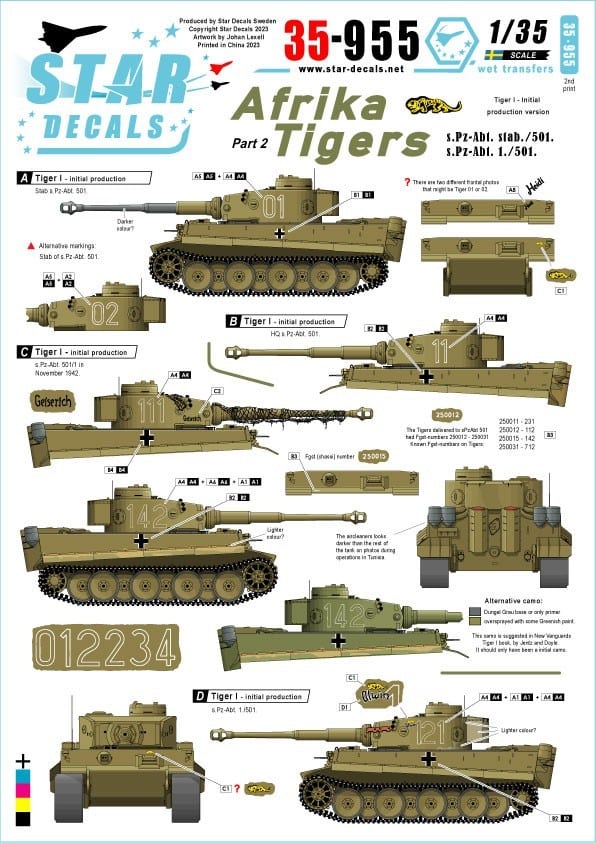 35-955 - REPRINTED Afrika Tigers # 1. s.Pz-Abt. 501, generic white outlined turret numbers. Alwin, Norbert, Geiserich.
