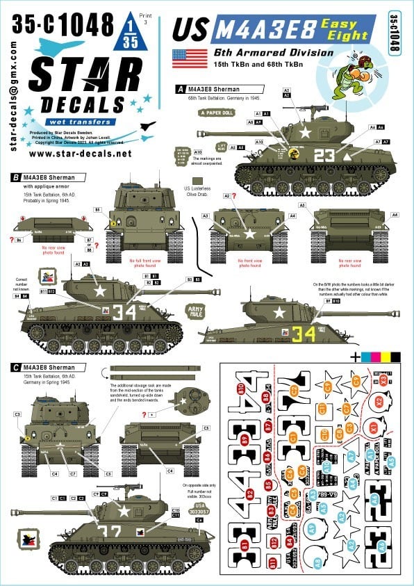 35-C1048 - REPRINTED US M4A3E8 Easy Eight. 6th Armored Division in Europe.