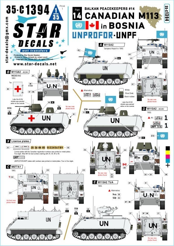 Star Decals: New Sets and Re-prints- 35-C1394 Canadian M113 in Bosnia. Balkan Peacekeepers # 14. M113A2, M577A1 and M113A2 TUA.