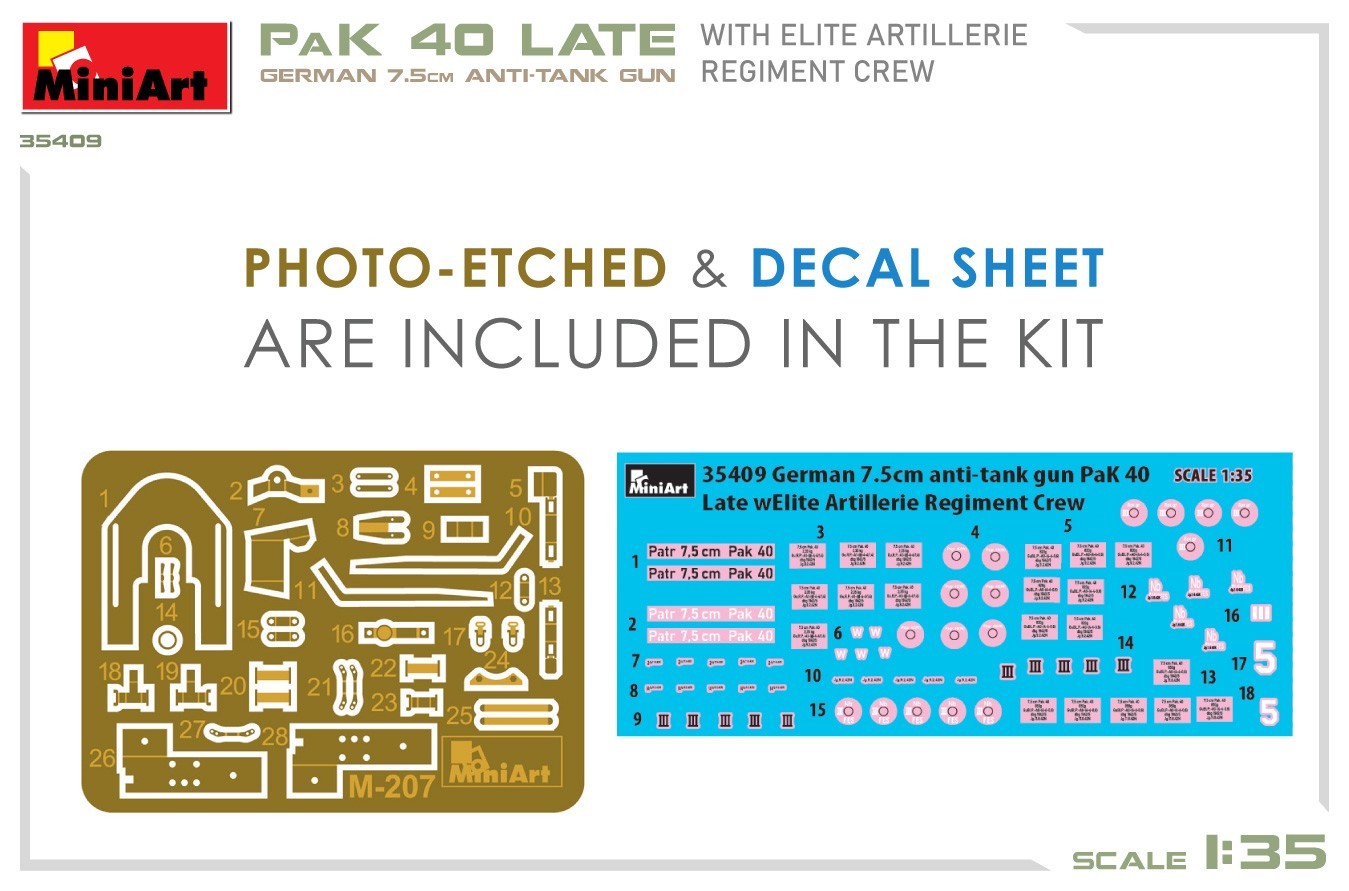 MiniArt 35409 German 7.5cm Anti-Tank Gun PaK 40 Late w/Elite Artillerie Regiment Crew Decals and Photoetched