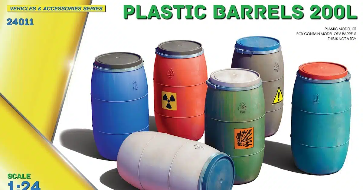 MiniArt expands their storage capacity with this 24th scale set of "Plastic Barrels 200L".