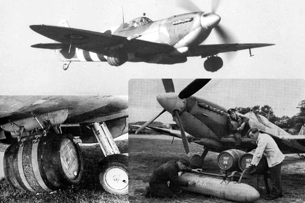 A Spitfire aircraft carrying kegs of beer for Allied troops fighting in Normandy, June 1944