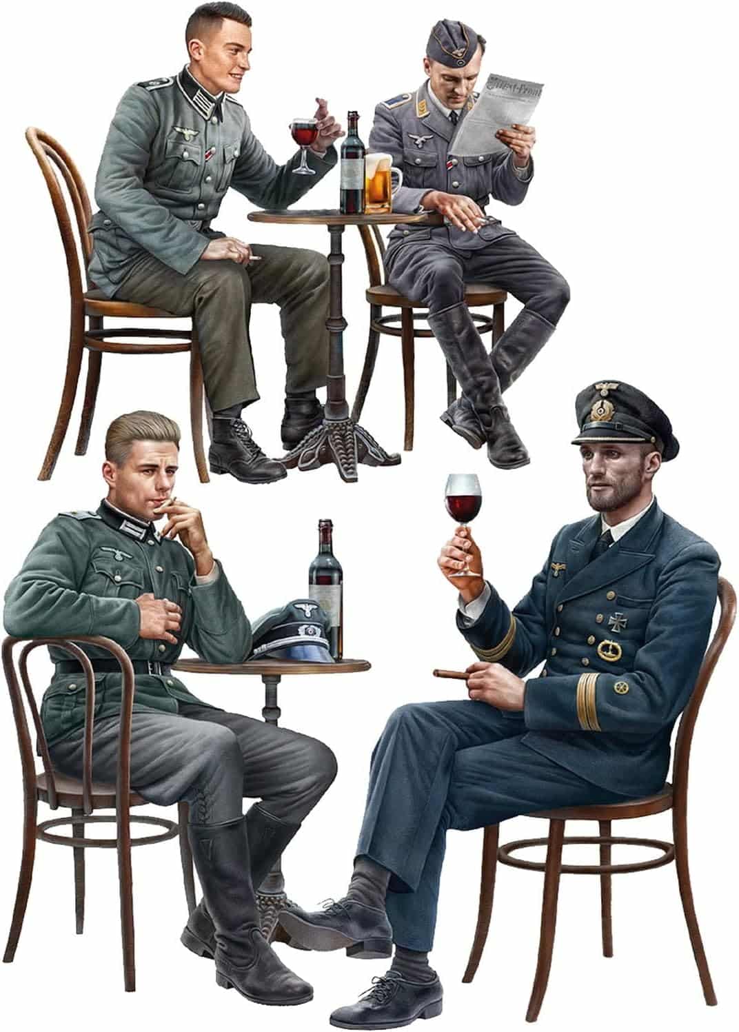 Mini Art 550035396 35396 1:35 Figure German Soldiers In Cafe (4) Faithful replica, Model Building Kit, Plastic, Crafts. Hobby. Gluing. Model Kit for Assembly. Unpainted. Medium.