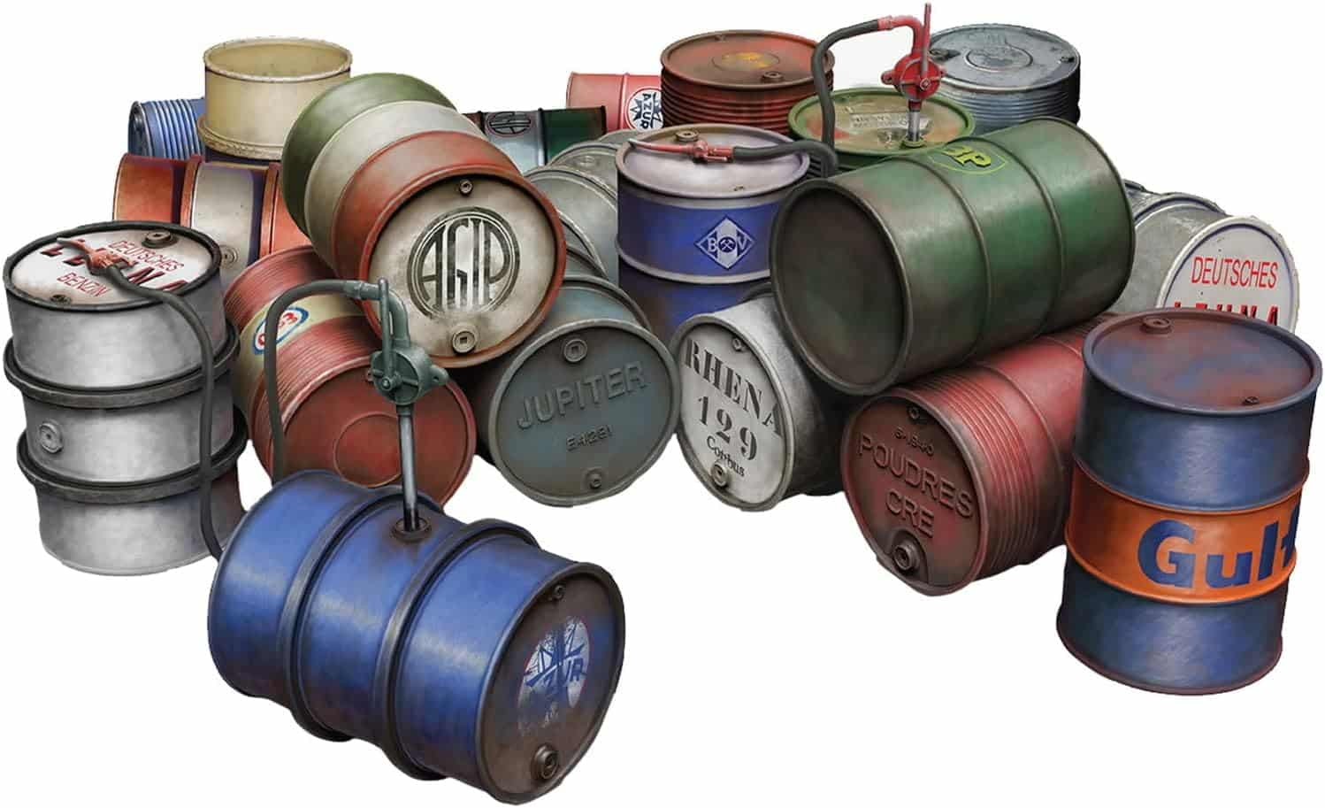 Fuel and Oil Drums, 1930-50s, Miniart (Miniart).