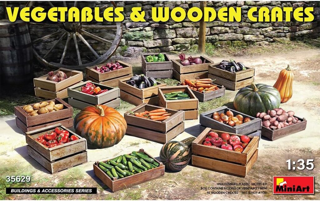 MiniArt Miniart 35629.1/35 Vegetables In Wooden Boxes Scale Model Kit Gray Average Height of the Figures - 50 mm ( 2 inch)